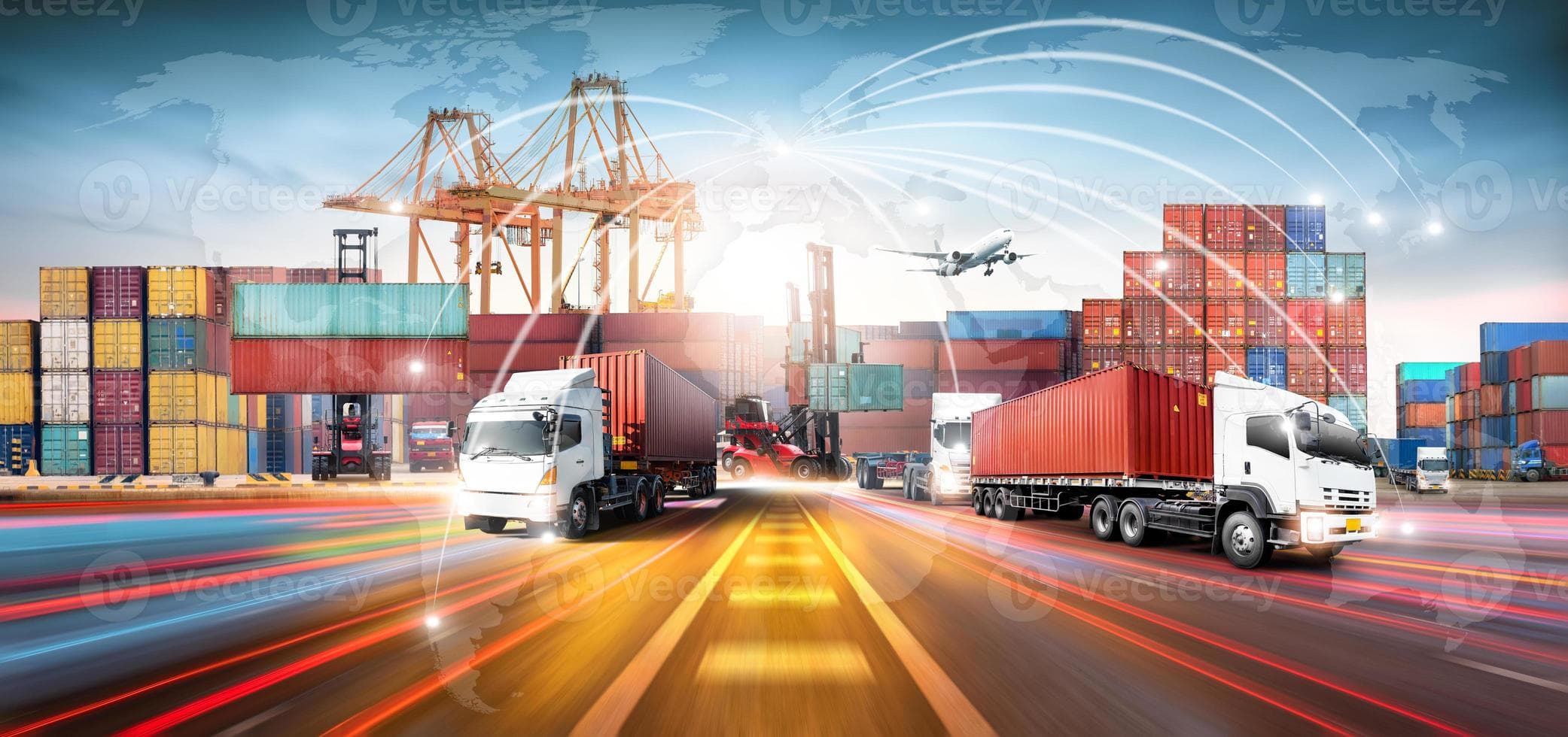 Logistics and transportation background with containers, trucks, cranes and airplane